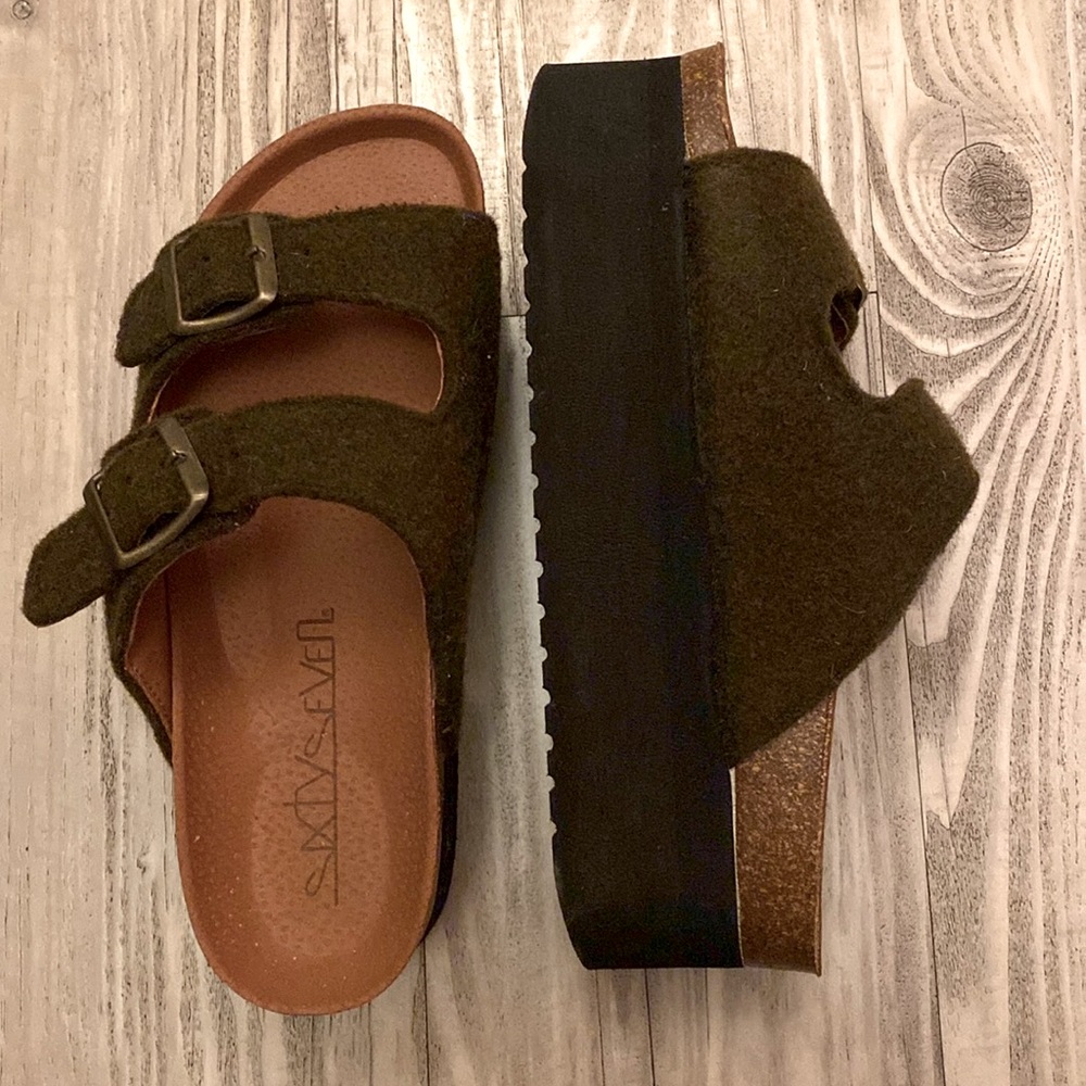 Sixtyseven Double Buckle Olive Flannel Platform “Birks”